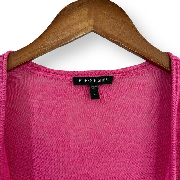 Eileen Fisher Sweater Large Linen 3/4 Sleeve Cardigan Rasberry Pink Open Front - Picture 2 of 11